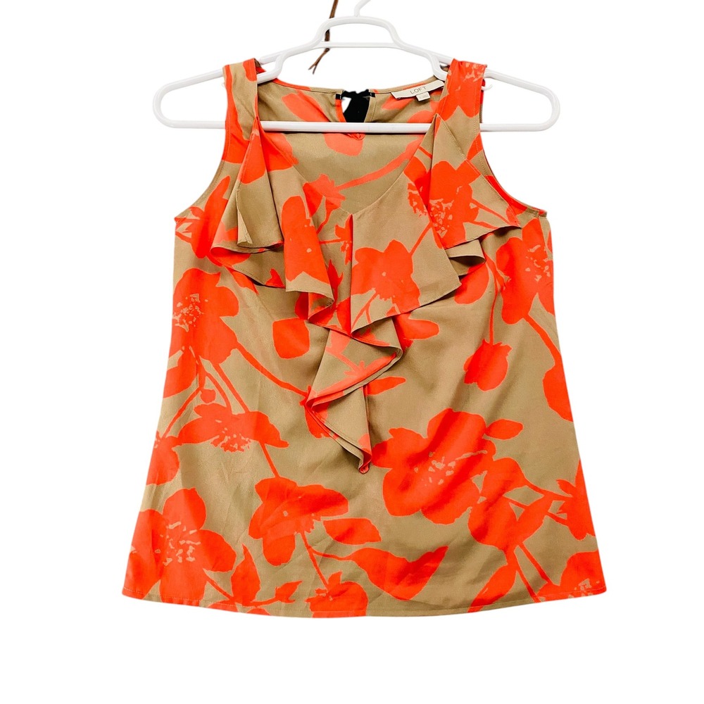 Loft Womens Orange Floral Ruffle Front Sleeveless Blouse Tan Back Tie Size‎ S